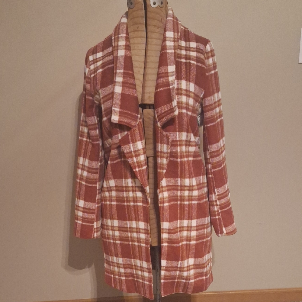 ANDREE BY UNIT Rust Red and White Plaid Trench Coat